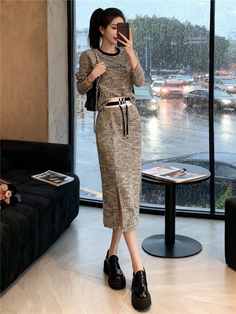 高级感时尚休闲套装女秋季新款港风洋气显瘦卫衣开叉半身裙两件套,女装套装/套裙,江南