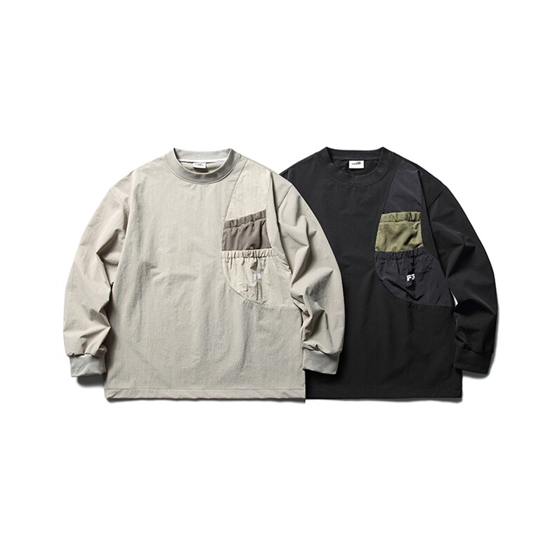 南夏乔装2025秋季新款日系复古撞色设计感卫衣多口袋长袖情侣T恤,男装T恤,电商S006（B521）