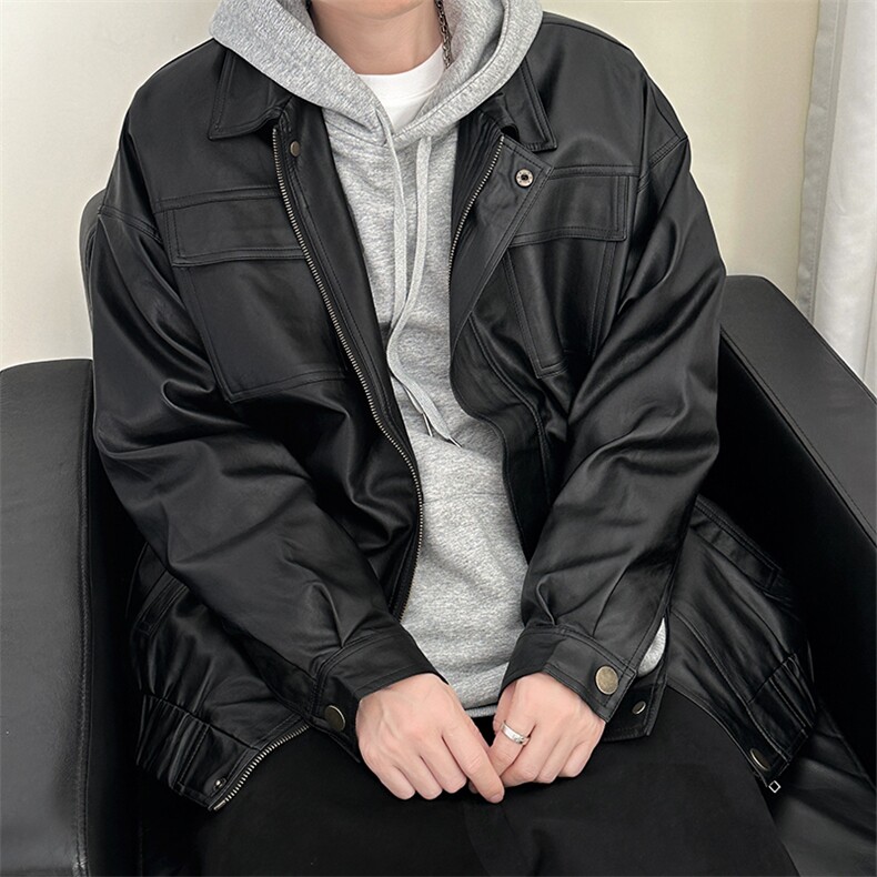 现货-秋冬高品质皮衣外套男宽松休闲翻领皮夹克A150P95绒105,男装夹克,电商A351