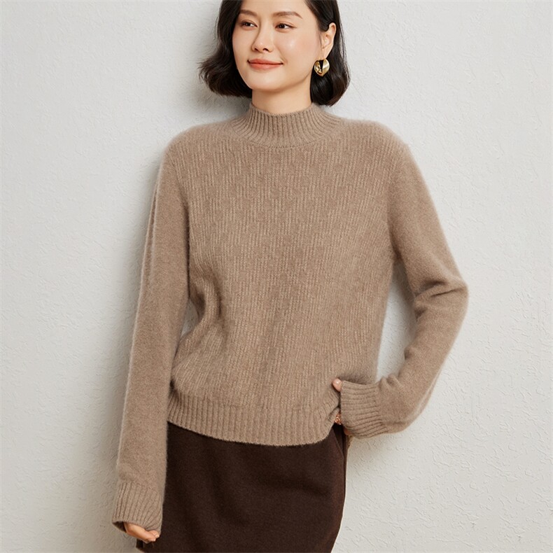 冬季重磅加厚半高领羊绒衫女短款席编纯色长袖套头针织打底衫毛衣，女装羊绒衫，臻维羊绒