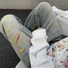 做旧复古黄泥蓝泼墨牛仔裤水洗高街直筒宽松裤子男女N02501-P53，男装牛仔裤，星座308B-2