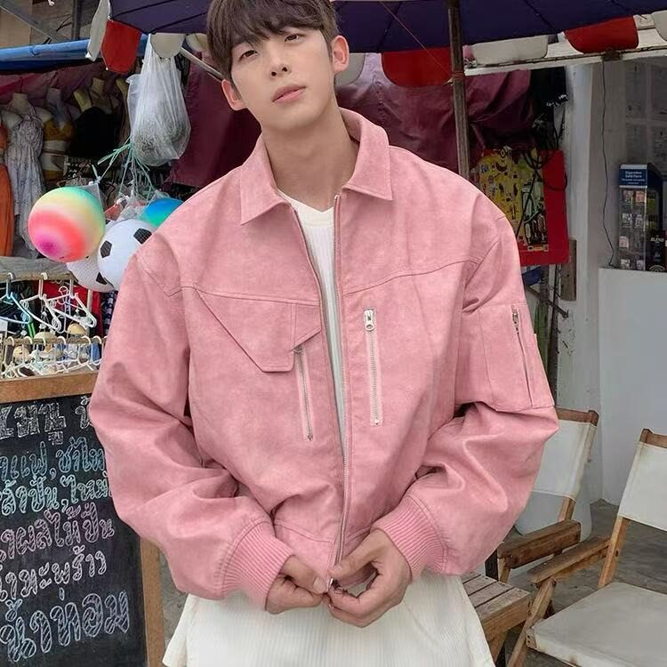 美式复古春秋PU皮夹克男设计感宽松短款飞行员外套痞帅机车服潮流图片