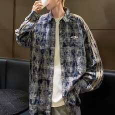 C331-P43美式高街扎染长袖衬衫男春秋季vibe潮牌休闲格纹宽，男装衬衫，电商B323A