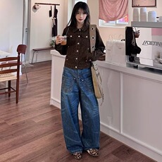 复古反穿阔腿牛仔裤男女秋冬宽松设计感直筒拖地裤子LN90133-P56，男装牛仔裤，星座1008