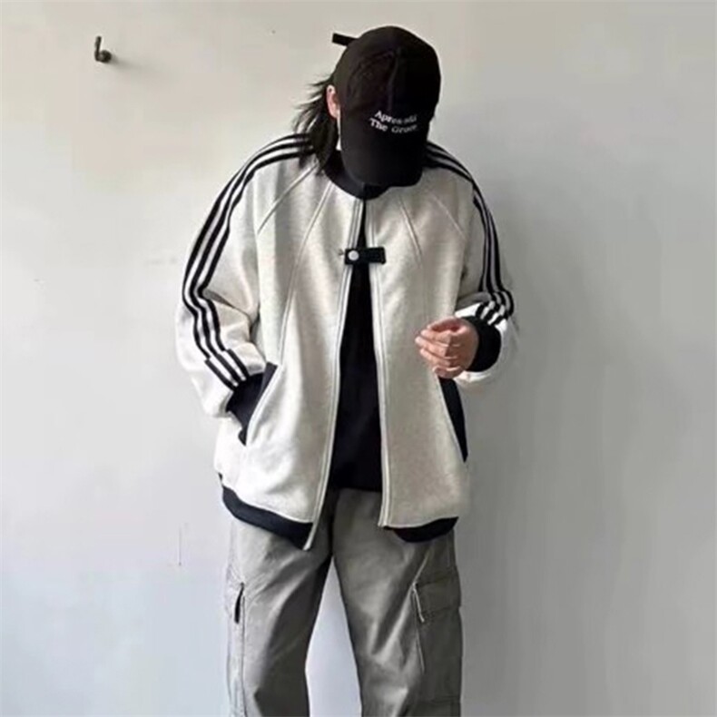 抖音得物品质秋冬美式高街重磅结构拼接织带翻领卫衣夹克外套W113,男装夹克,电商A486-1