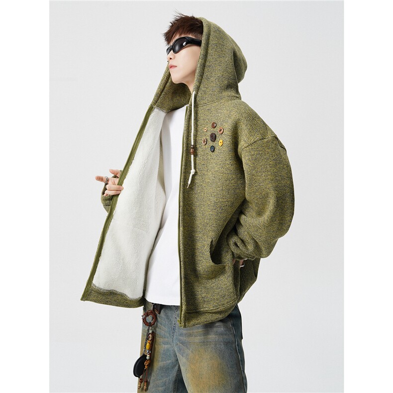 美式复古设计感针织连帽外套男女小众慵懒卫衣开衫潮牌WY21P78，女装短外套，电商D206-1