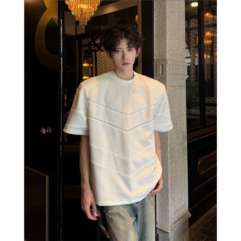 25设计感男士拼接刺绣重工定珠解构男士垫肩T恤dx251-p78,男装T恤,电商B288