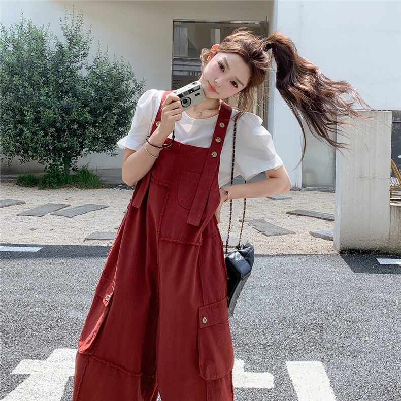 红色设计感工装背带裤女2025夏新款韩版显瘦学院风减龄休闲连体裤,女装连衣裙,2C050
