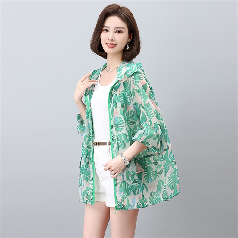 连帽印花中长防晒衫女宽松2026夏季新款松紧腰长袖薄款外套空调衫,女装防晒衣,板酷