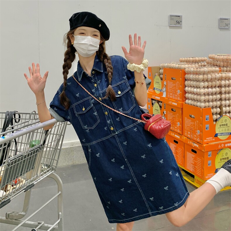 182-8568-P125-K188-设计感蓝色蝴蝶结印花牛仔连衣裙,女装连衣裙,帛香坊