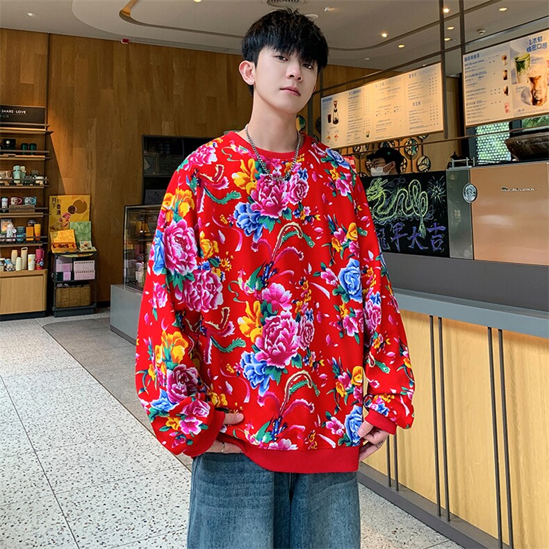 B203圆领大花卫衣大码男女新中式汉服团队表演出舞蹈饭店花衣服潮,男装民族服装,星座115A(原星座507）