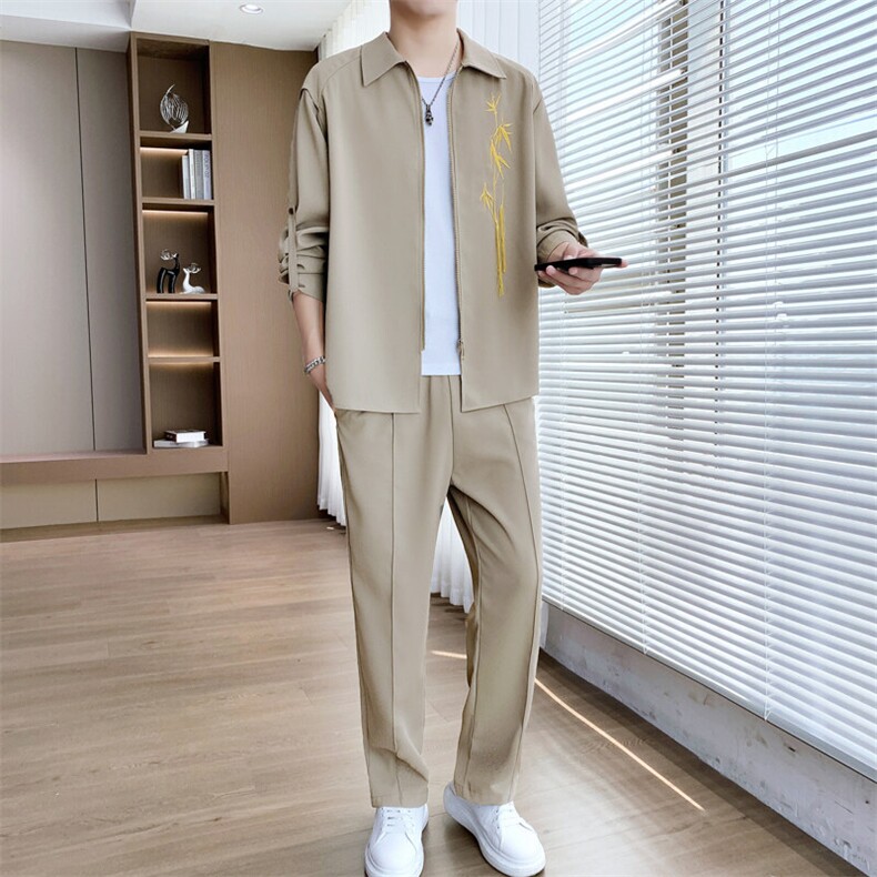 新中式刺绣长袖长裤时尚休闲两件套装,男装休闲套装,星座1206（原A206）