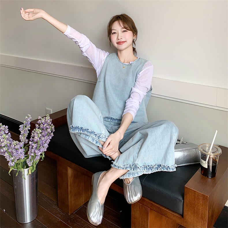 洋气减龄牛仔套装女2025春季新款韩系打底衫马甲九分阔腿裤三件套,女装套装/套裙,2C239
