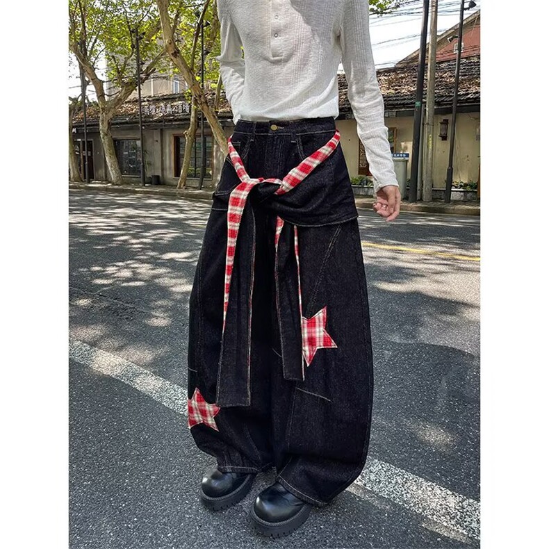 大码黑色格子贴布拼接牛仔裤女高腰设计感绑带不规则长裤AK720,男装牛仔裤,星座601-1