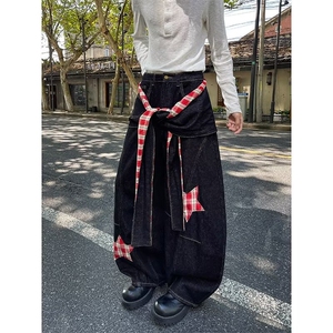 大码黑色格子贴布拼接牛仔裤女高腰设计感绑带不规则长裤AK720图片