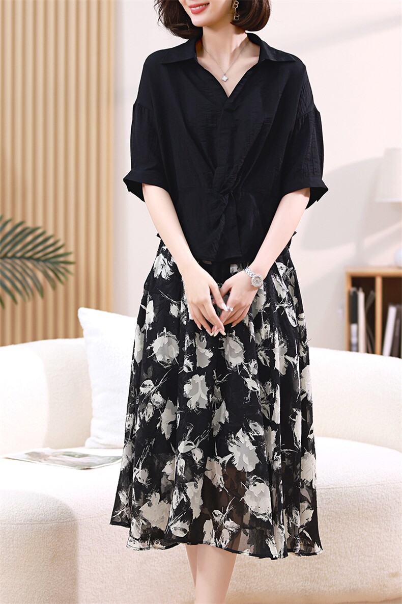 2023夏装新款V领纯色上衣两件套,女装套装/套裙,梦芯尔