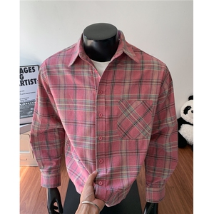 美式复古格子衬衫男设计感衬衣高街休闲百搭情侣外套G1146 特 P40图片