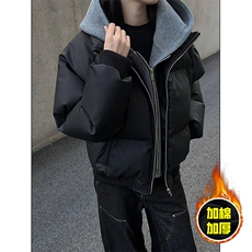 现货高品质重磅工艺美式高街假两件PU皮棉衣男女加厚棉服外套，男装棉衣，电商A443