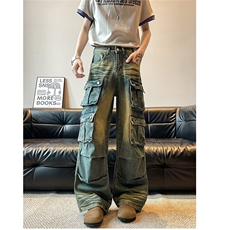大码美式复古水洗工装牛仔裤男女高街设计感宽松阔腿坠感长裤，男装牛仔裤，星座506