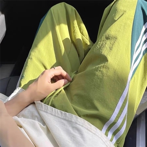 多巴胺速干裤子男夏季薄款2025新款三条杠宽松直筒美式高街休闲裤图片