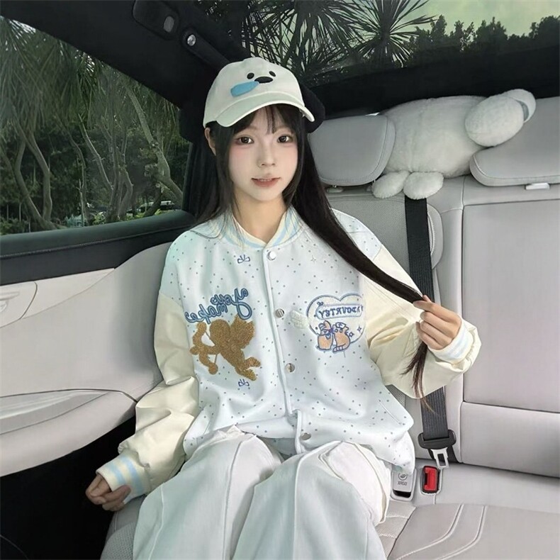 美式刺绣爱心丘比特波点棒球服女宽松韩系慵懒风夹克早秋外套,男装夹克,星座1210-1