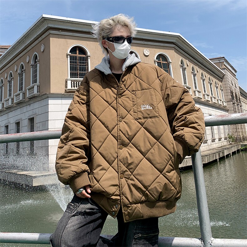 A980-P80冬季潮牌棒球服外套美式复古菱形格连帽可拆卸面包服男，女装职业装，星座512-6