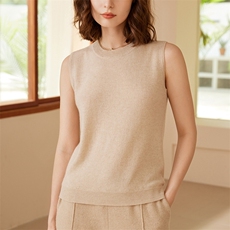 时尚百搭羊绒针织背心女圆领无袖毛衣坎肩慵懒风显瘦上衣，女装背心吊带，品秋羊绒