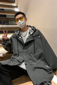 JK6006/P75秋装假两件格子撞色连帽夹克男潮宽松大码上衣外套男装图片