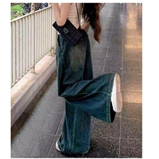 韩版垂感设计感复古牛仔裤女夏季高腰显瘦宽松阔腿裤拖地裤长裤子，女装休闲裤，星座506A