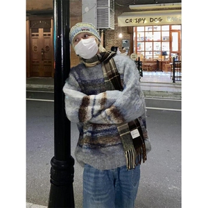 冬季小众慵懒风针织衫套头毛衣男女款宽松痞帅拼接打底衫 MY9529图片