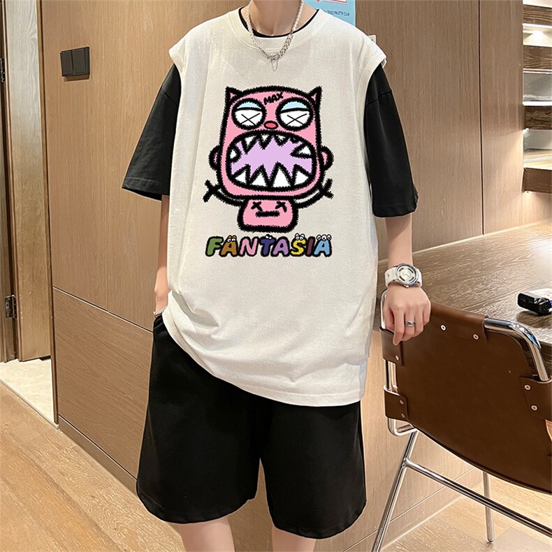 直播品质 美式宽松纯棉背心无袖t恤短裤大码两件套套装 TZ16-P58图片
