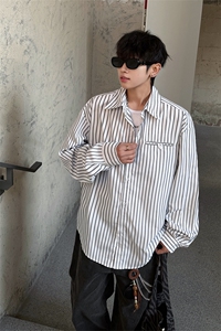 新款学院风男女同款慵懒蓝条纹成宿衬衫外套休闲宽松衬衫打底 P40图片