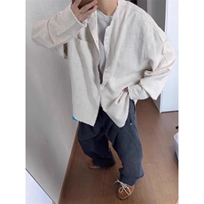 复古毛边亚麻衬衫男款宽松慵懒风长袖衬衣情侣防晒外套LS2900-P43，男装防晒衣，星座1008