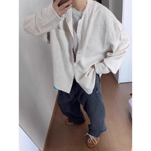 复古毛边亚麻衬衫男款宽松慵懒风长袖衬衣情侣防晒外套LS2900-P43,男装防晒衣,星座1008