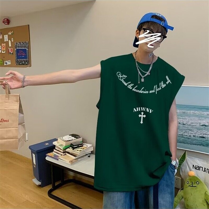 圆领夏季青少年潮美式复古哥特风印花背心纯色汗背心宽松型,男装背心/马甲,星座218-1（原230）