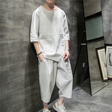 W61P75室内风风休闲百搭绣花七分袖七分裤T恤套装加大码，男装休闲套装，电商A026