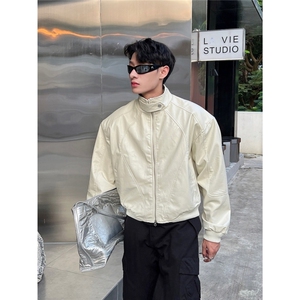 W88-P69高街美式PU皮垫肩夹克男2025年早秋新款韩版简约百搭,花纹光泽皮裙怎么搭配图片