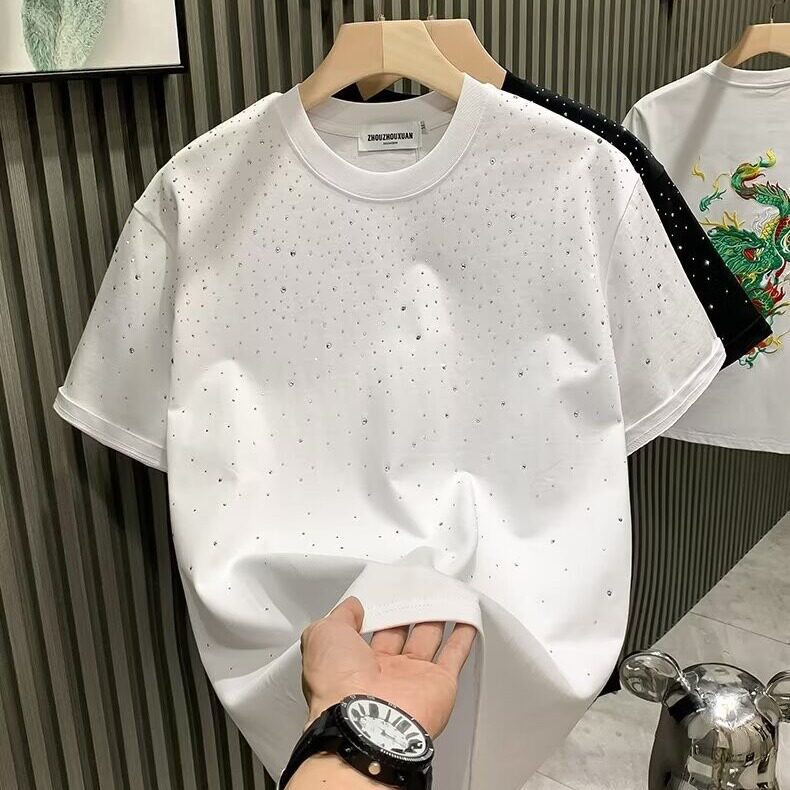 高端满天星短袖T恤男士2025年夏季新款潮牌烫钻圆领体恤男款上衣,男装T恤,电商B212（原钱塘6029）