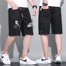 2025夏款休闲弹松紧抽绳男士牛仔中裤大码9707P55模特图，男装休闲裤，星座1106