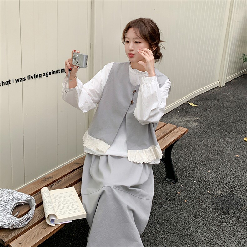 蕾丝拼接马甲阔腿裤套装女春2025新款两件套小香风打底衫三件套,女装套装/套裙,2C261
