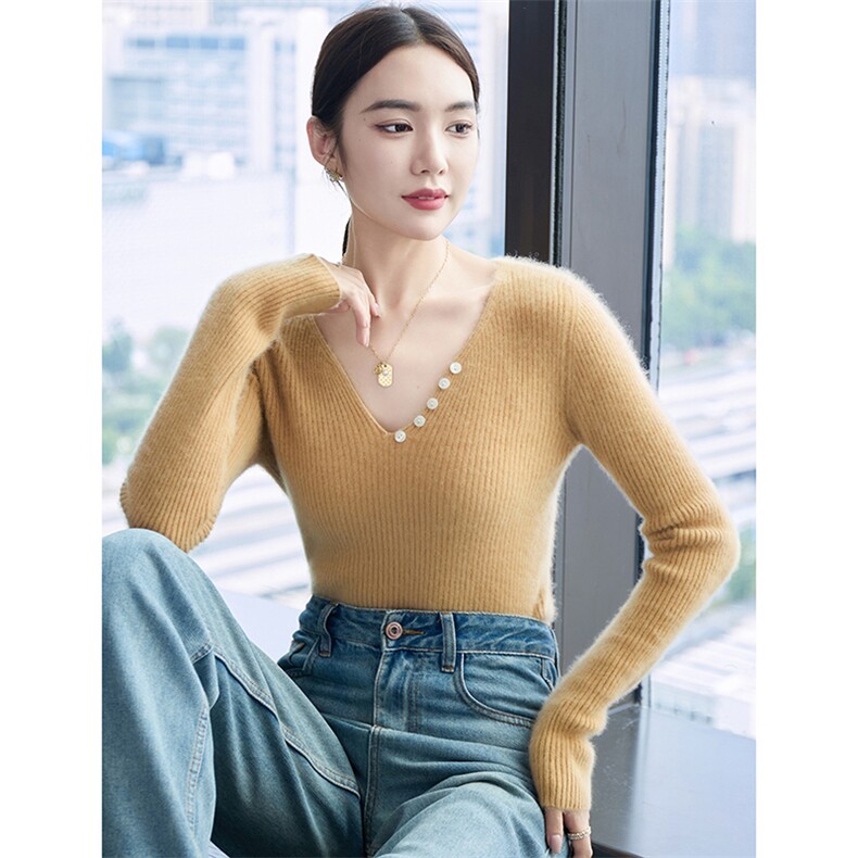 时尚百搭V领羊绒衫优雅显瘦五粒扣内搭毛衣,女装羊绒衫,百越羊绒