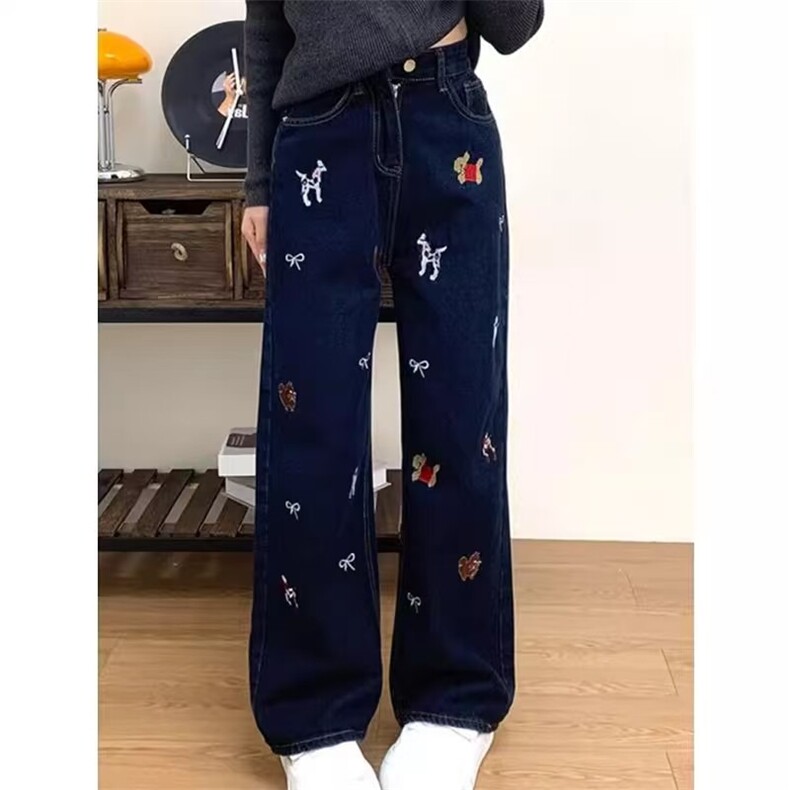美式涂鸦刺绣阔腿牛仔裤女春秋季设计感小众高腰显瘦直筒拖地裤子图片