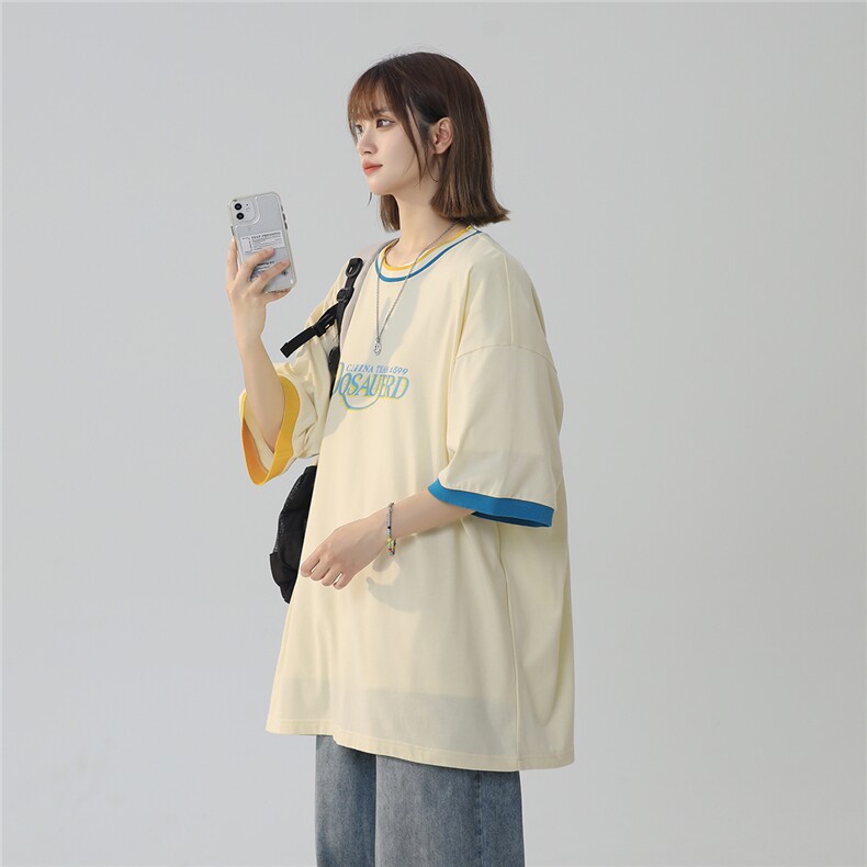 2025夏季新款蓝色清新学院风宽松圆领短袖T恤T1024/P45控59-100棉,男装T恤,电商A148-1