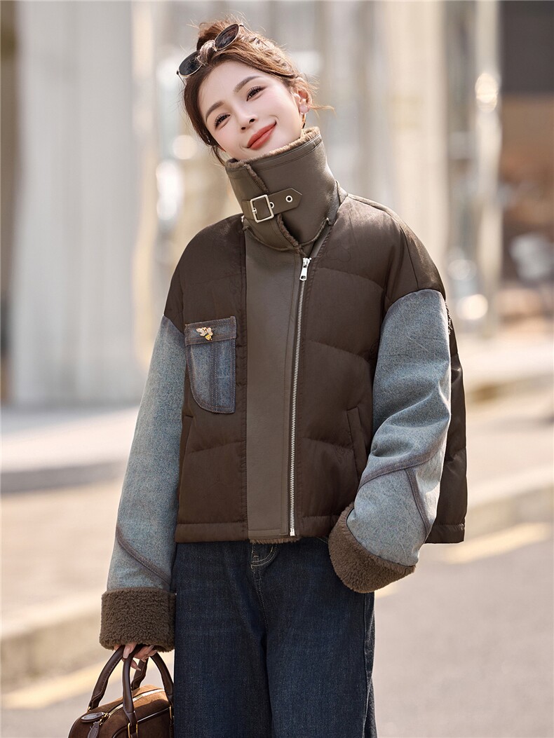 牛仔拼接短款羽绒服女2025冬季新款翻领加厚保暖羽绒外套,女装羽绒服,沁沁公主