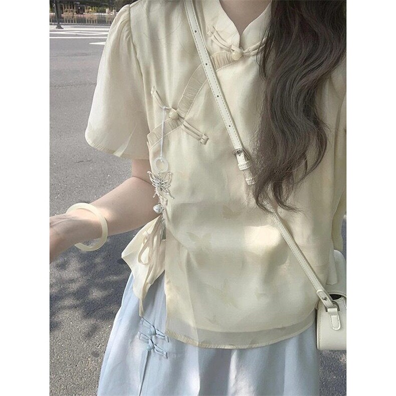 风套装夏季女盘扣禅意立领新中式超仙盘扣上衣+轻纱飘逸半身裙，女装半身裙，星座506A
