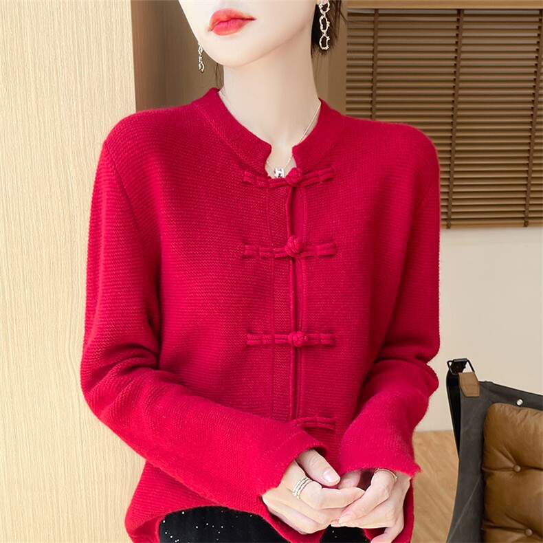 秋冬季羊毛休闲气质通勤盘扣新中式袖口开叉开衫，女装羊毛衫，鸿陌羊绒