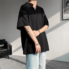 美式机车V领短袖T恤设计感T恤肩部拉链时尚设计短袖T恤半袖P48，男装T恤，电商B319
