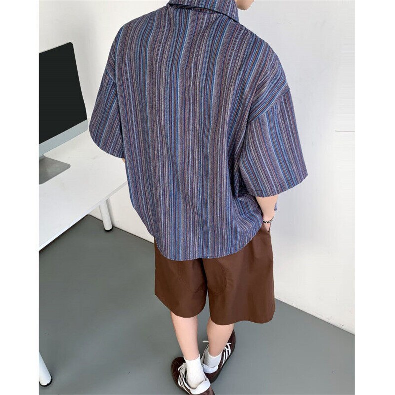 日系条纹衬衫男夏季短袖文艺复古穿搭工装衬衣潮CY1159-P34,男装T恤,星座412-2