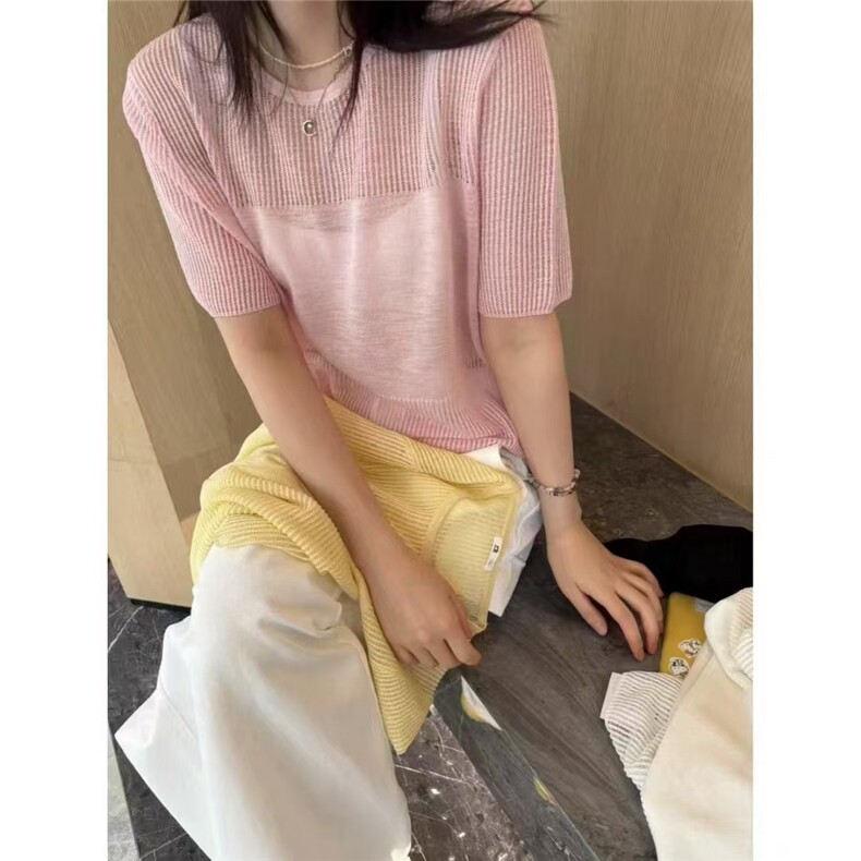 2025夏季新款韩版时尚百搭镂空短袖针织衫女宽松显瘦薄款t恤上衣,女装防晒衣,业大羊绒
