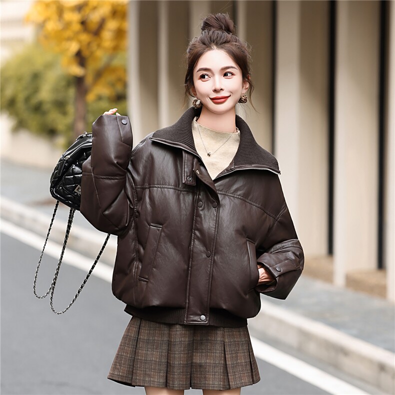 90绒时尚高潮流短款立领蛋白皮PU皮羽绒服外套女小个子冬季短外套,女装羽绒服,意芙